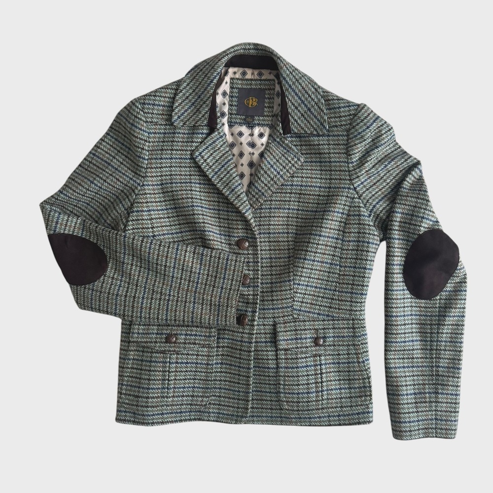 Banana Republic Heritage Tweed Blazer Green Brown Elbow Patches Wool Blend M